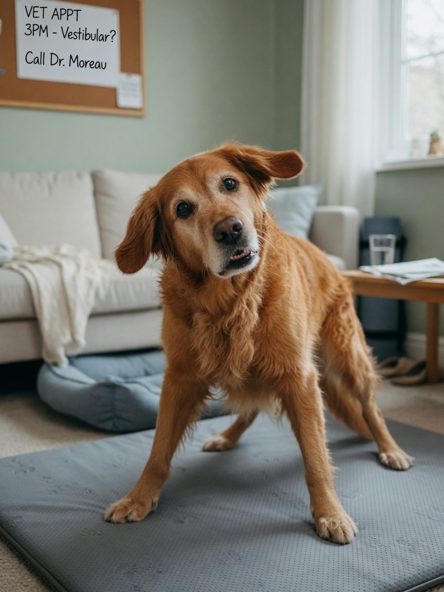 Senior golden retriever with head tilt and rapid eye flickering showing classic vestibular disease symptoms