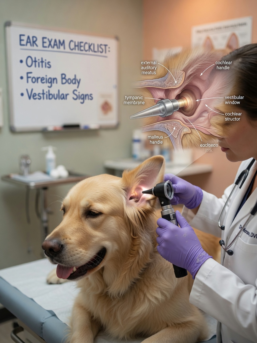 Veterinário examinando ouvido do cão com otoscópio para avaliar ouvido interno e sistema vestibular