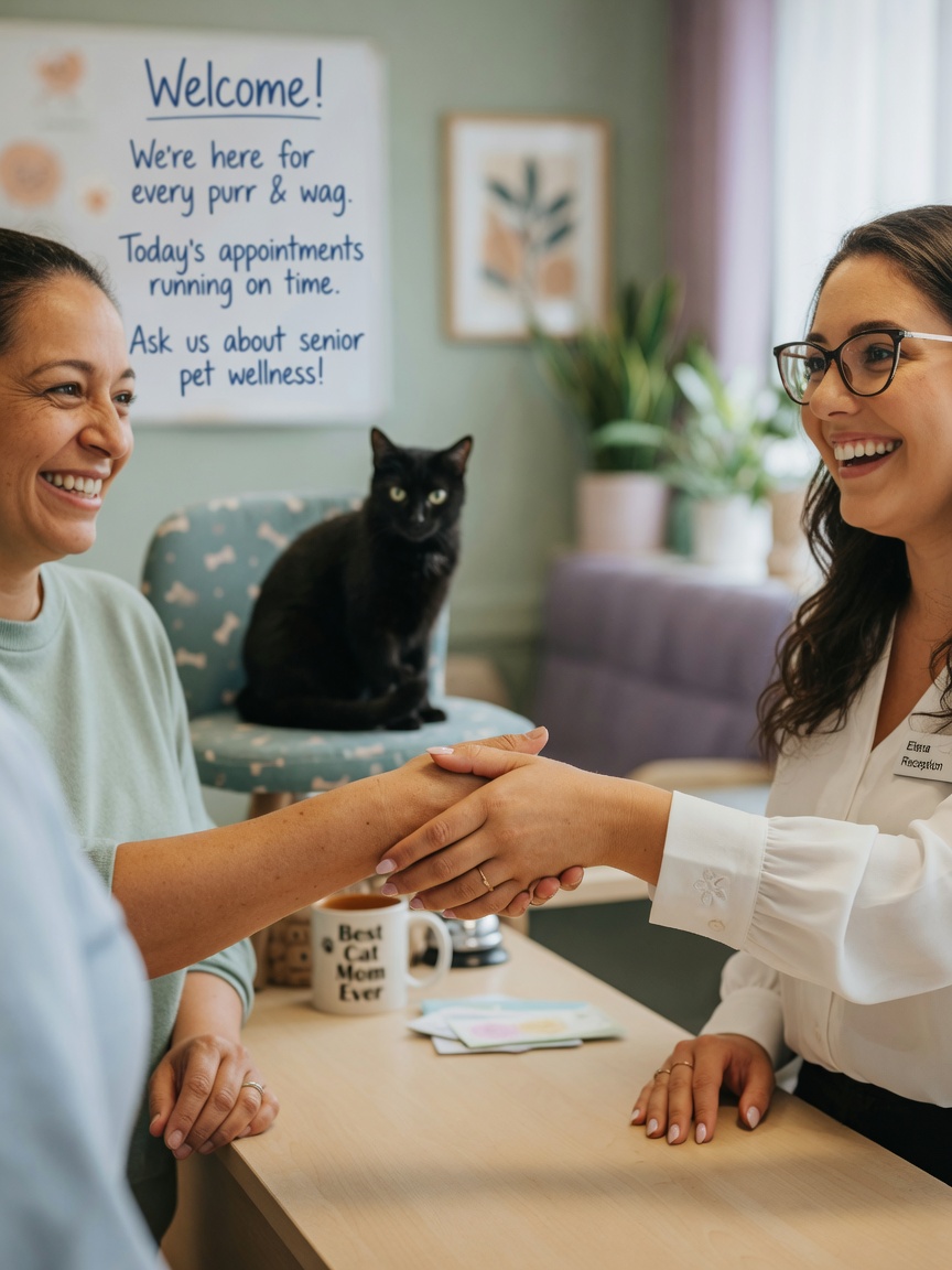 Handshake between pet owner and veterinary receptionist confirming agreement on payment plan