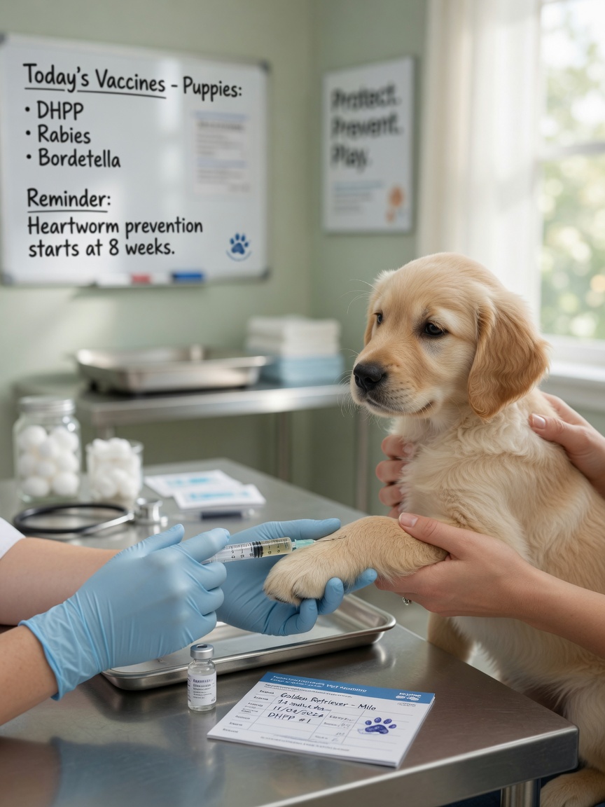 Veterinarian administering a vaccine injection to a golden retriever puppy during a vaccination appointment