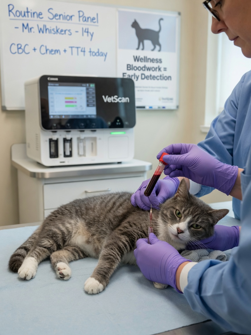 Veterinary technician collecting blood sample from a senior gray tabby cat for routine blood work testing