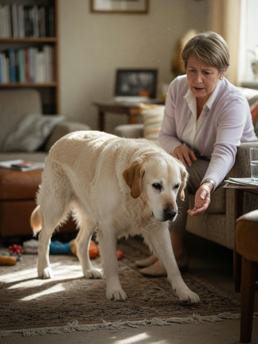 Older Golden Retriever showing stiffness in movement, owner observing nearby with care