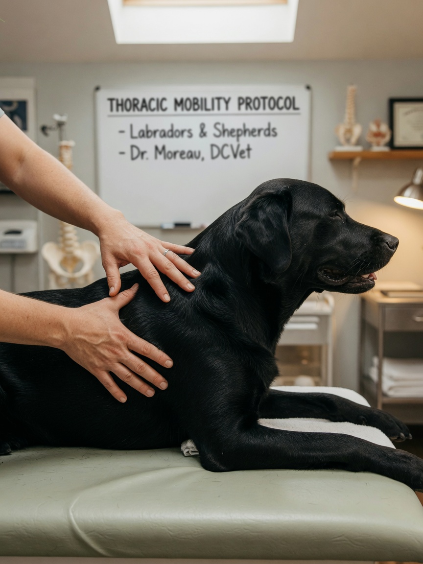Veterinary chiropractor's hands performing a precise spinal adjustment on a relaxed black Labrador