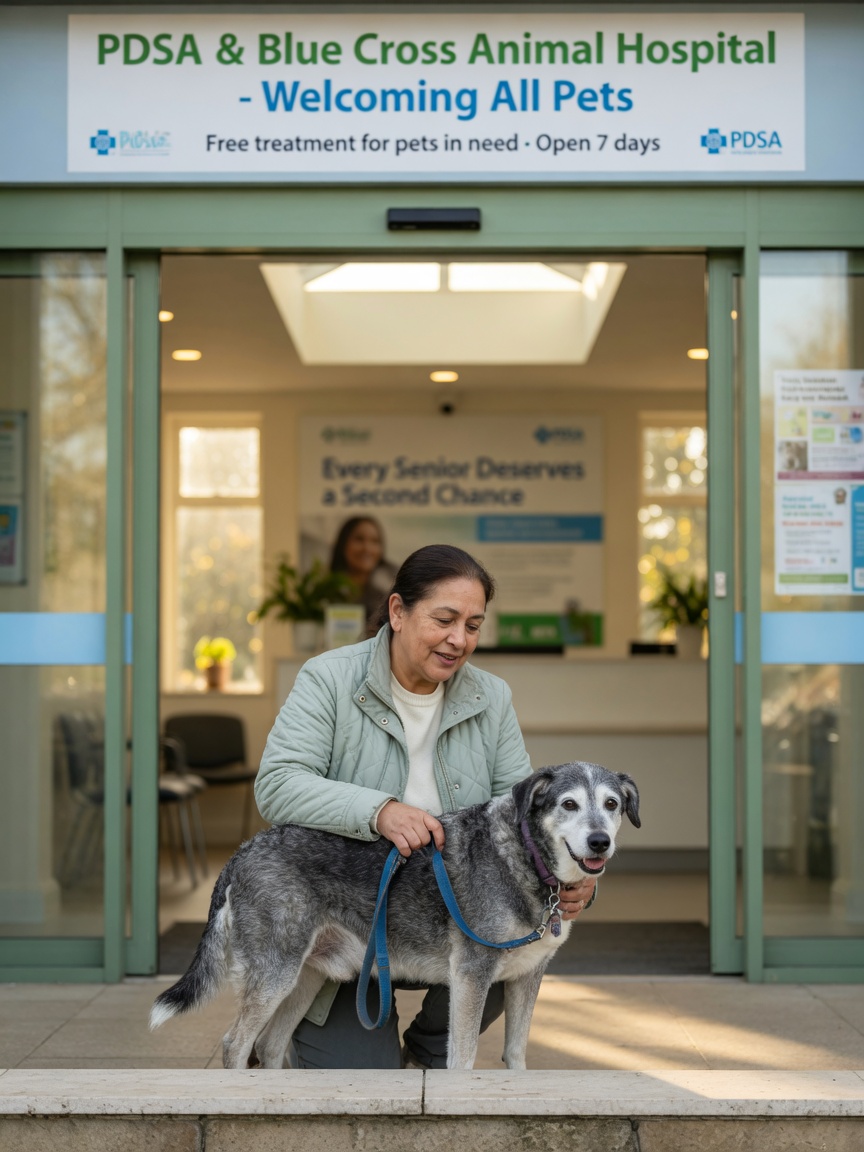 Pet owner and senior dog entering a charity veterinary clinic with warmth and gratitude