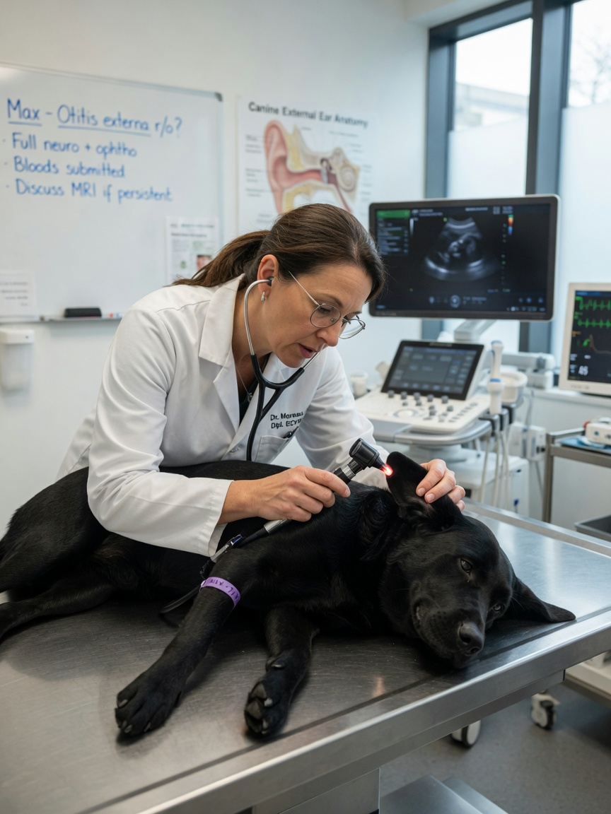 Veterinary specialist performing thorough clinical examination of dog patient