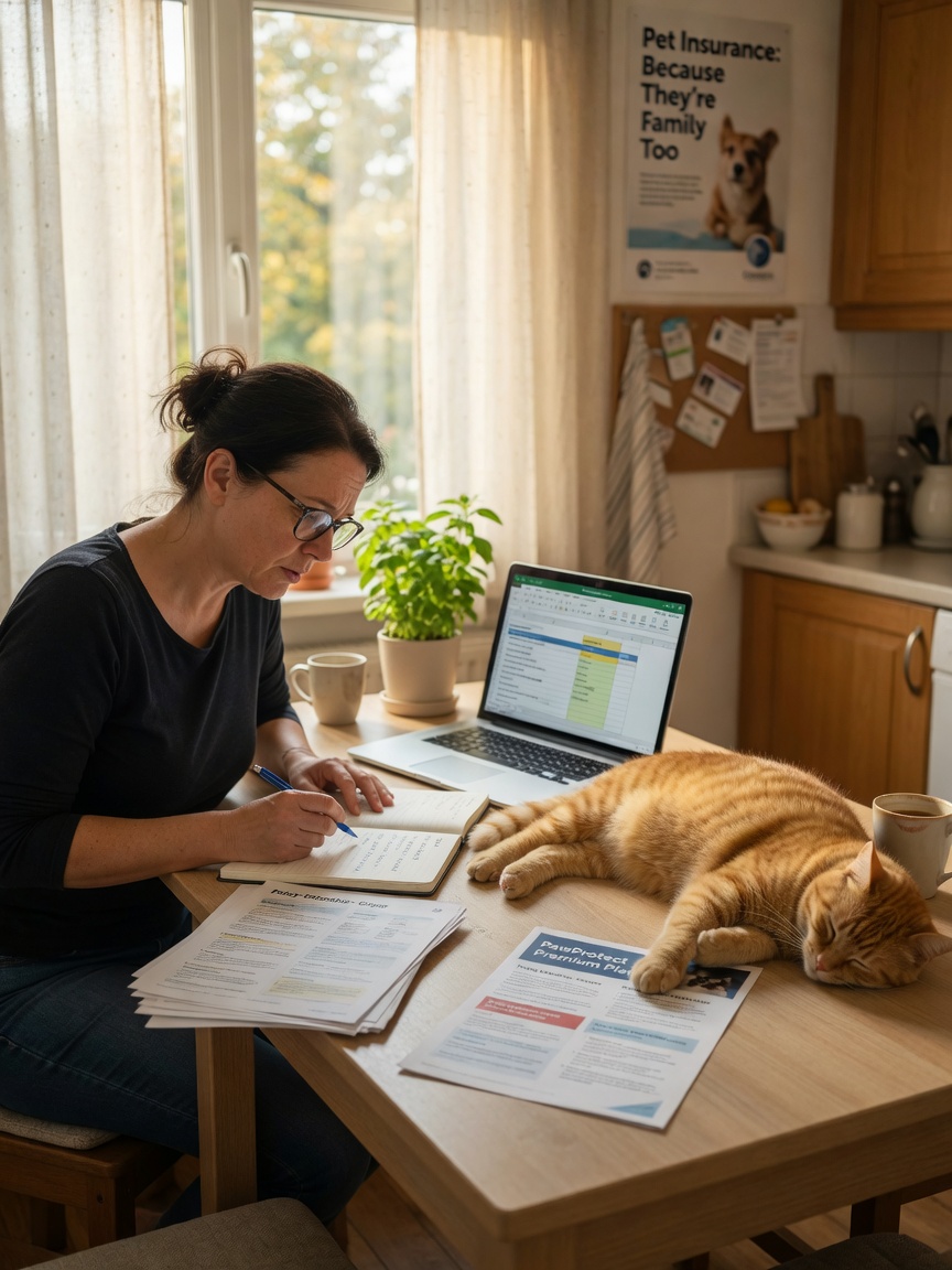 Pet owner reviewing insurance policy and planning for specialist veterinary care costs