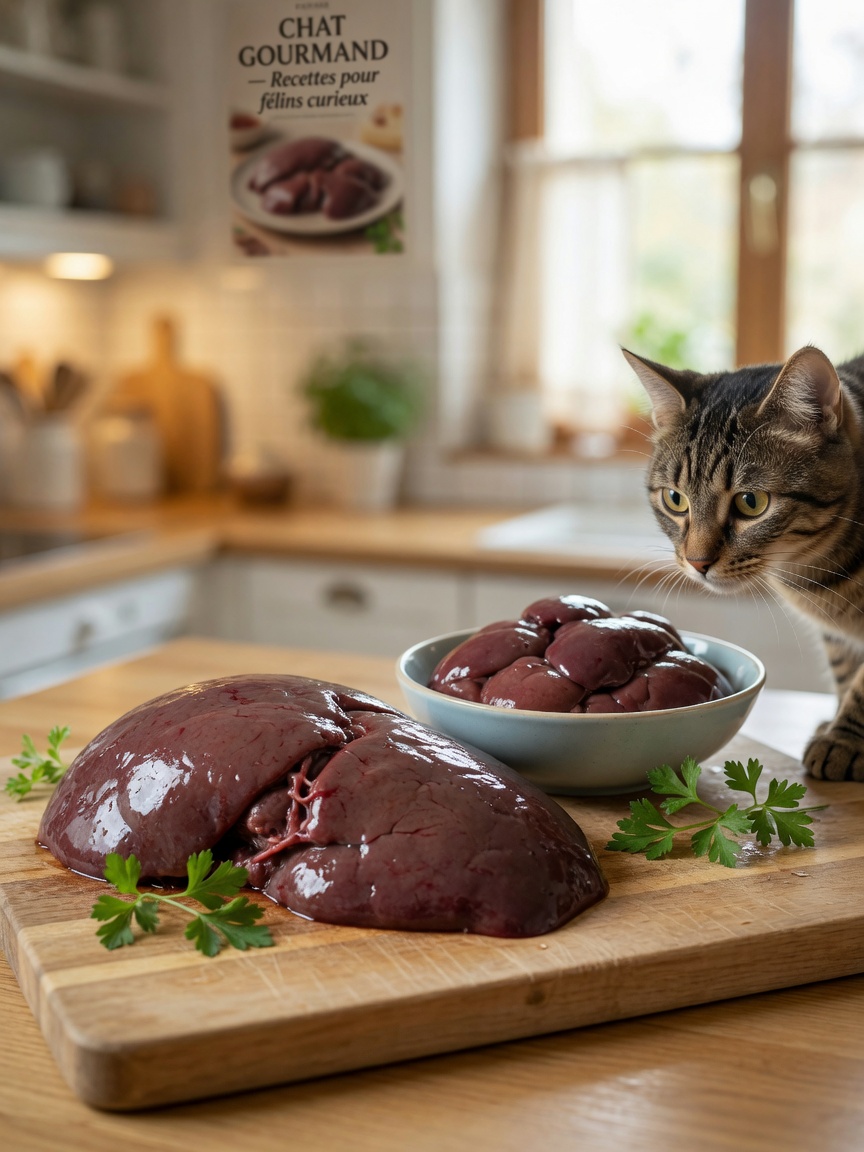 Raw beef and chicken liver on a wooden cutting board with a curious cat watching