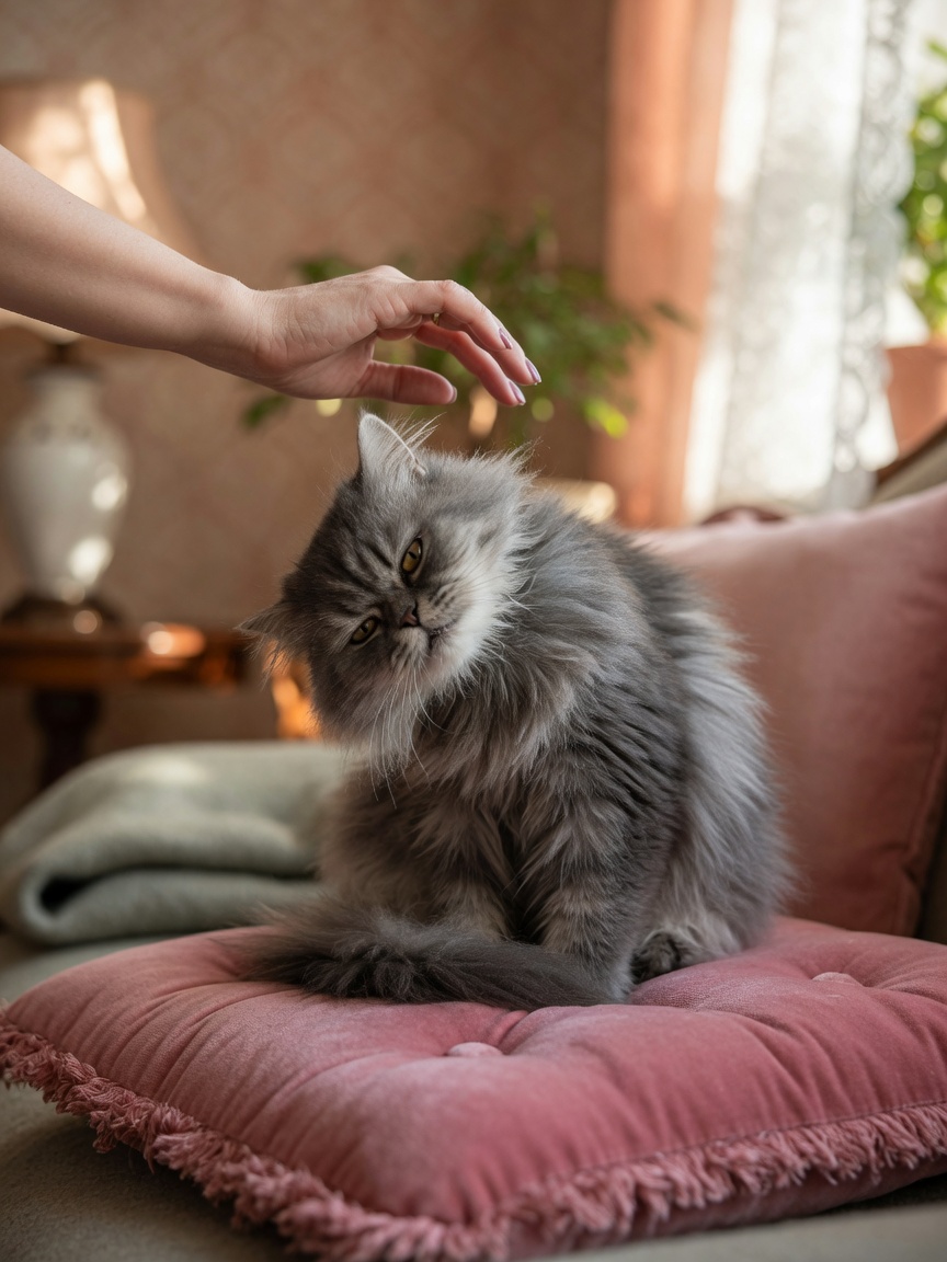 A grey Persian cat sitting rigidly with a pained expression, showing signs of cervical spondylosis and mobility restriction
