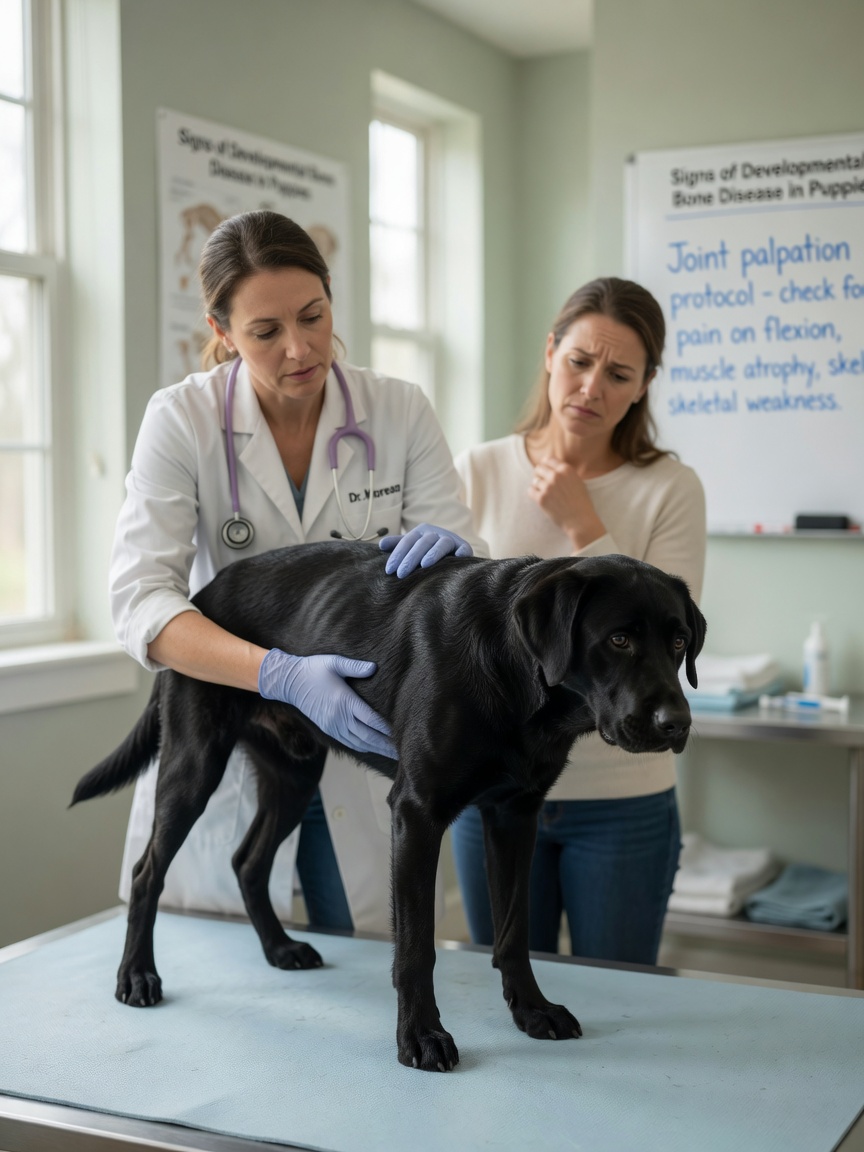 Veterinarian examining a fatigued dog with dull coat for signs of vitamin D deficiency