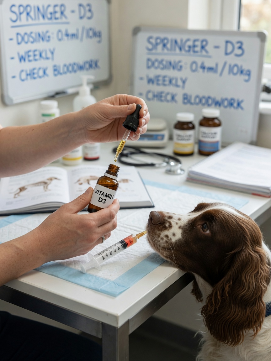 Veterinarian carefully measuring vitamin D3 supplement for precise dosing to a dog