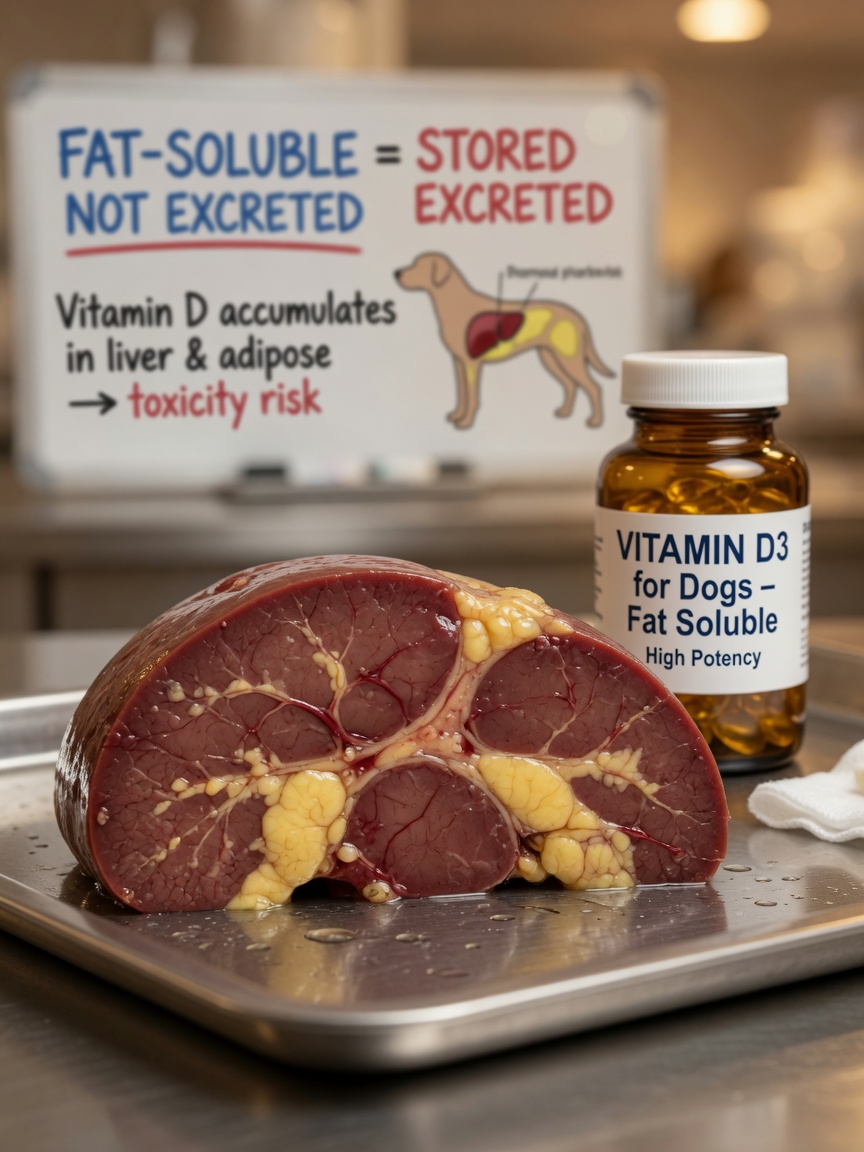 Representação artística do acúmulo de vitamina D no tecido hepático do cão com frasco de suplemento