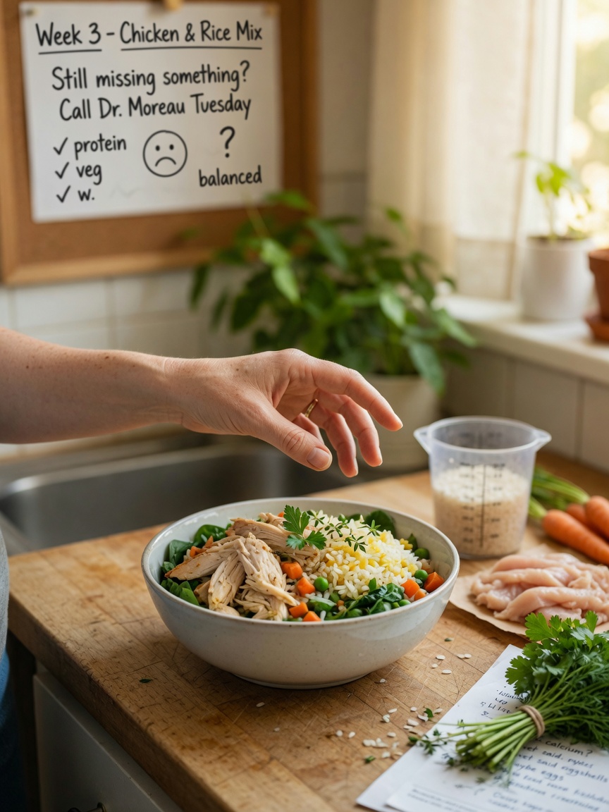 Home-cooked dog meal with fresh ingredients on a kitchen counter, showing owner concern about nutritional balance