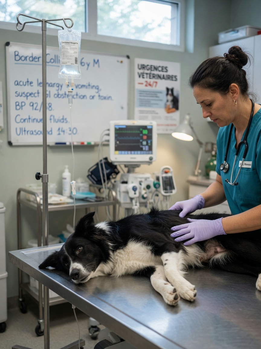 Border collie undergoing emergency veterinary treatment for vitamin D toxicity with IV therapy setup