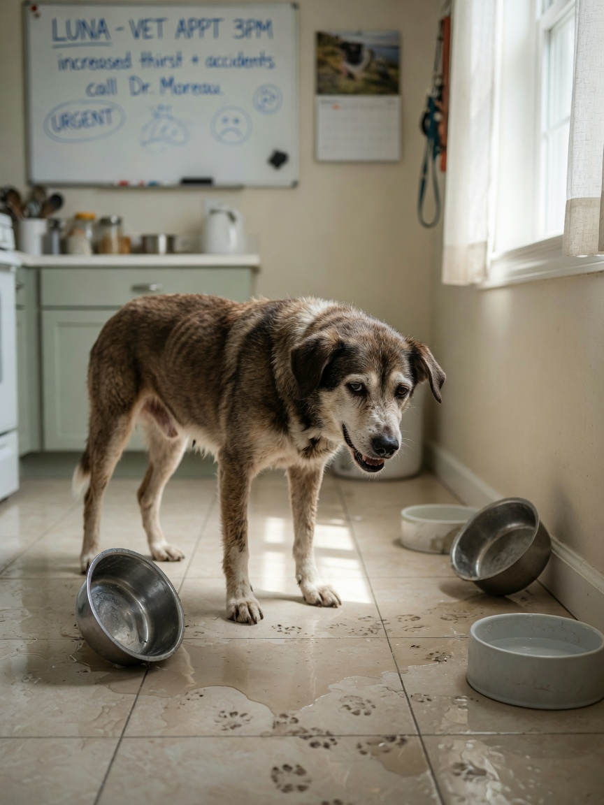 Sick dog showing signs of excessive thirst and urination with multiple water bowls and pooled water