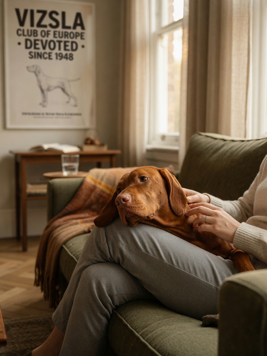 Rust-golden Vizsla showing affection by resting on owner's lap, demonstrating breed devotion