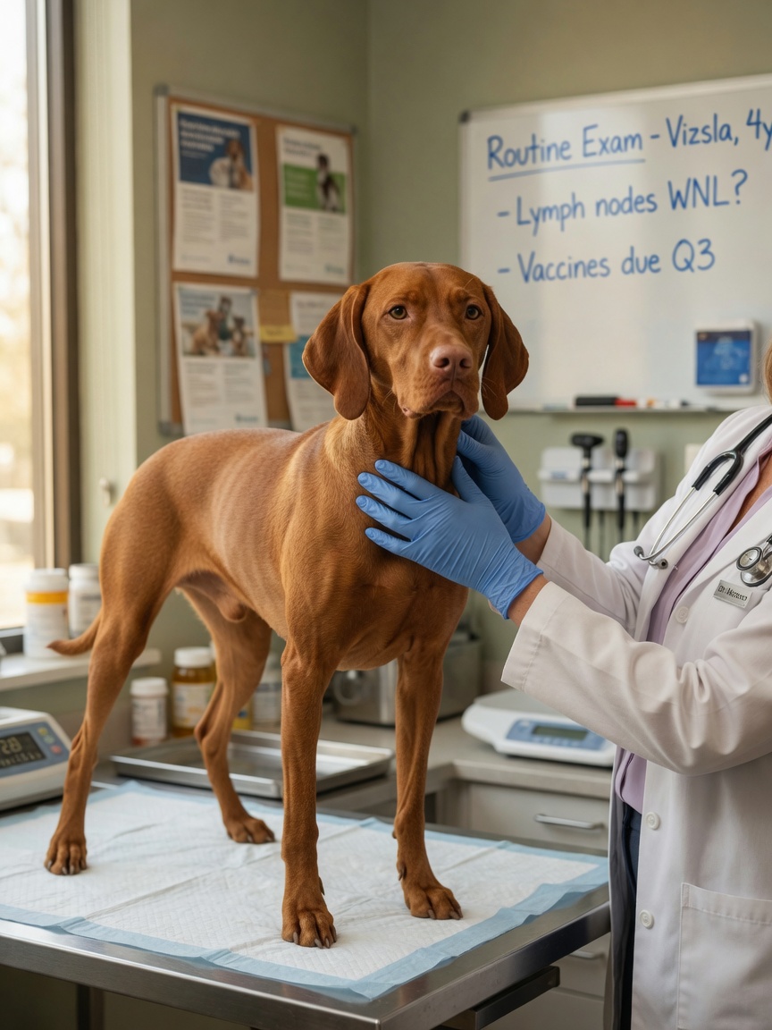 Vizsla undergoing veterinary lymph node examination for health screening