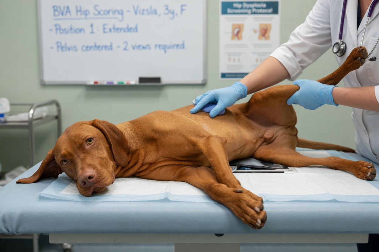 Veterinarian positioning a Vizsla for hip dysplasia X-ray assessment