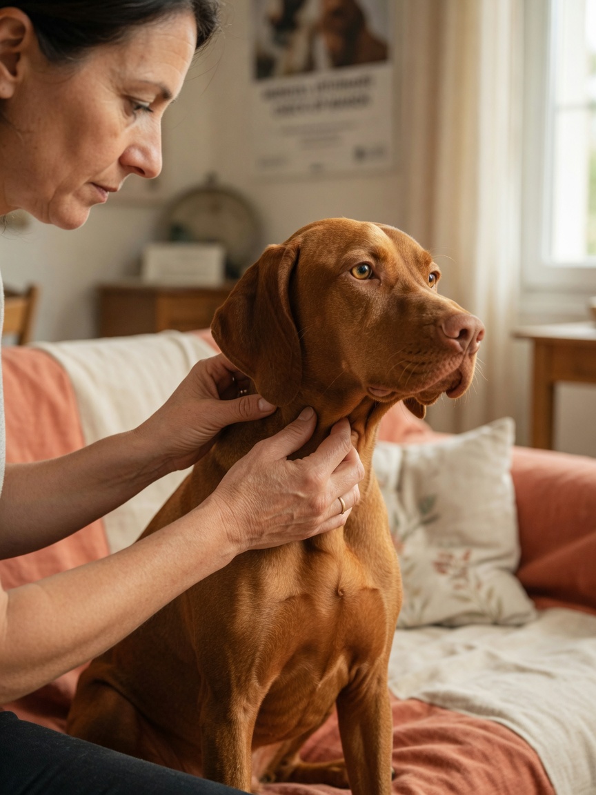 Owner performing routine lymph node palpation on a Vizsla at home