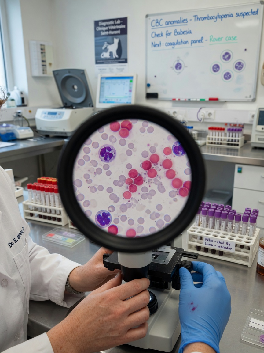 Veterinary pathologist examining blood sample under microscope to identify von Willebrand factor deficiency