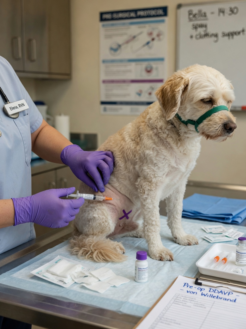 Veterinary nurse administering pre-operative desmopressin injection to dog before surgery