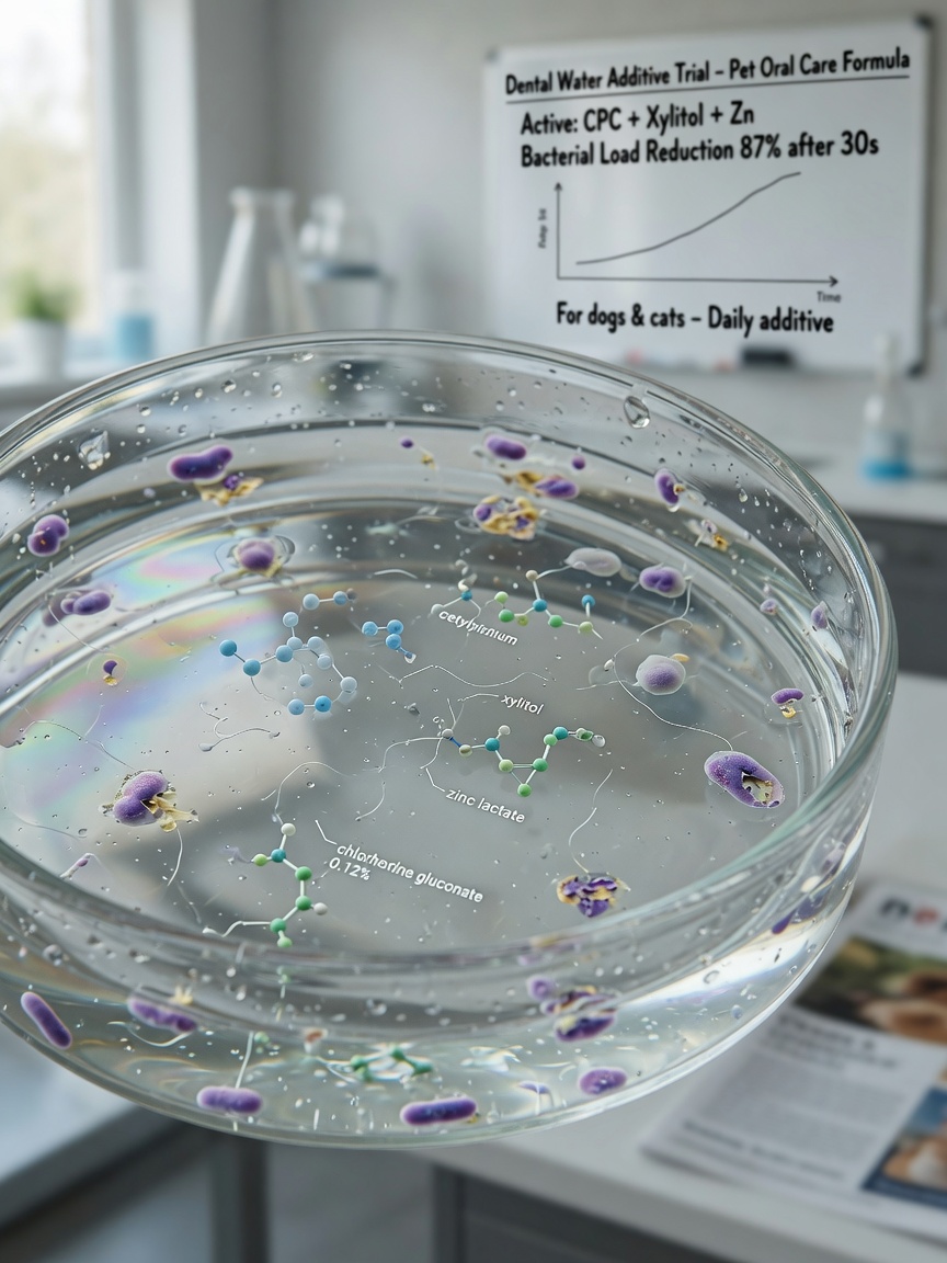 Microscopic view of dental additive ingredients demonstrating antimicrobial action against oral bacteria
