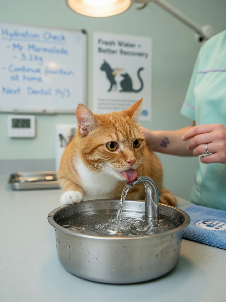 Veterinarian observing ginger cat drinking from stainless steel water fountain during health assessment