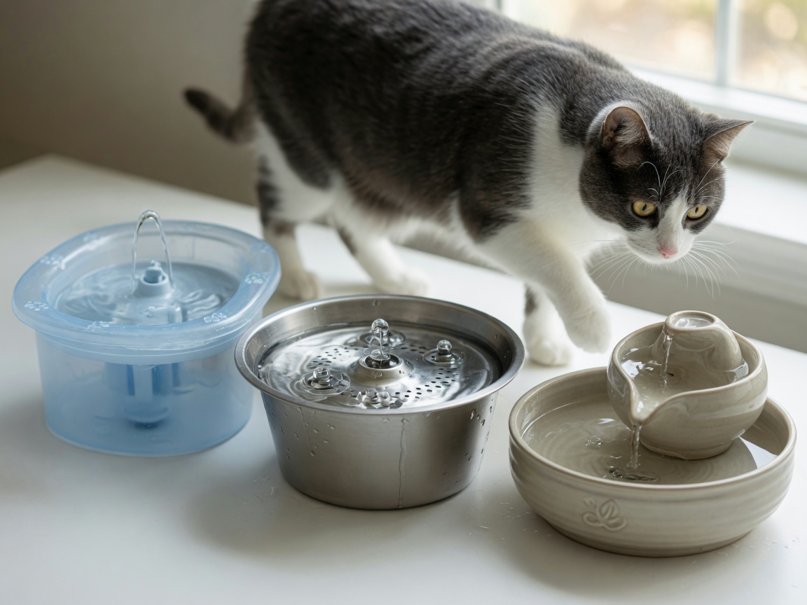 Cat exploring a ceramic water fountain among three different fountain types on display