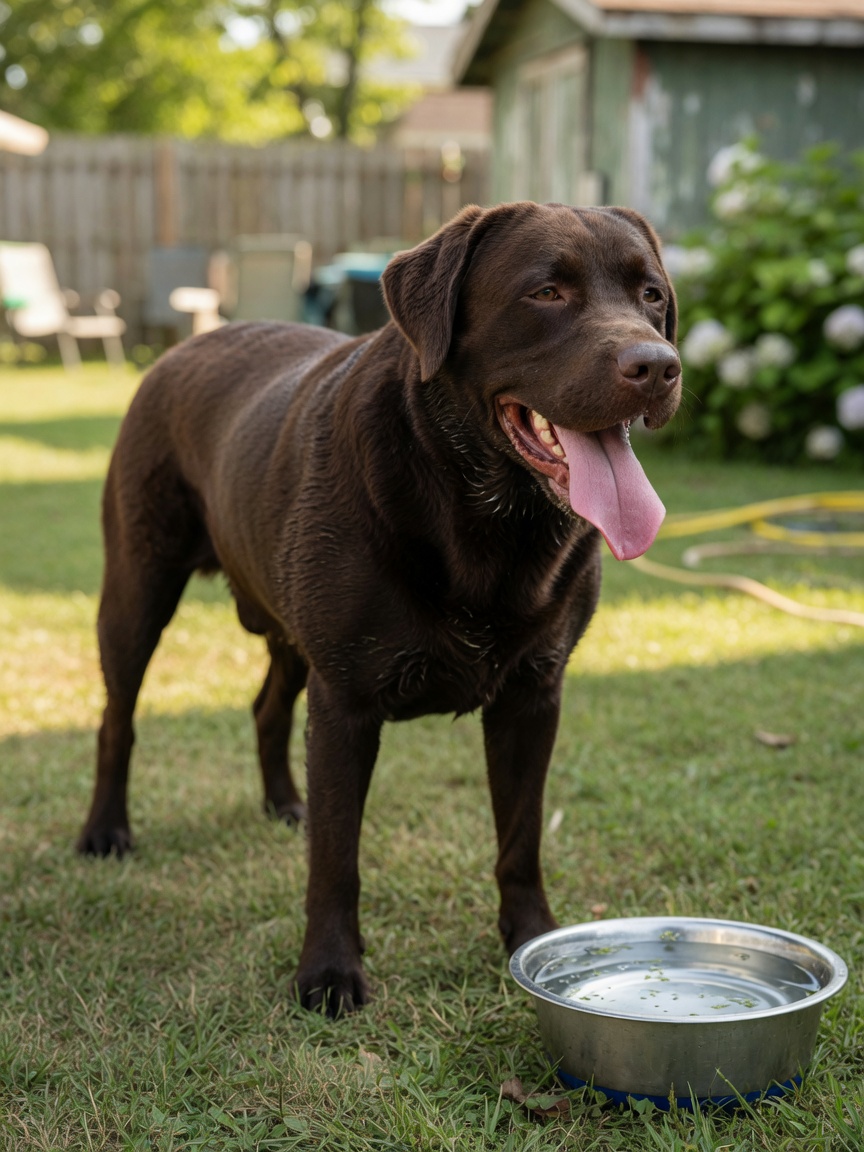 Chocolade Labrador retriever hijgt na inspanning met waterbak in buurt in achtertuin