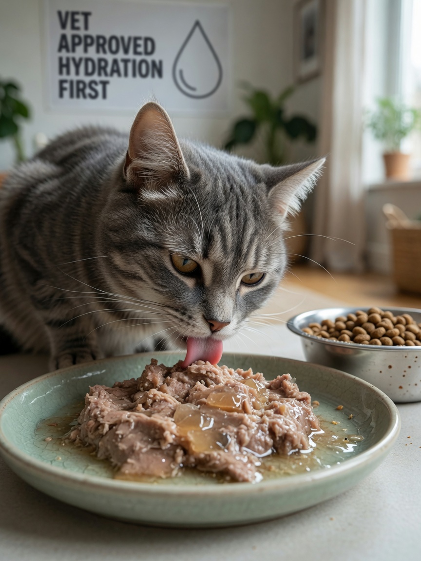 Gestreepte kat eet nat voer uit een keramische schaal met droog kibble kom ernaast zichtbaar
