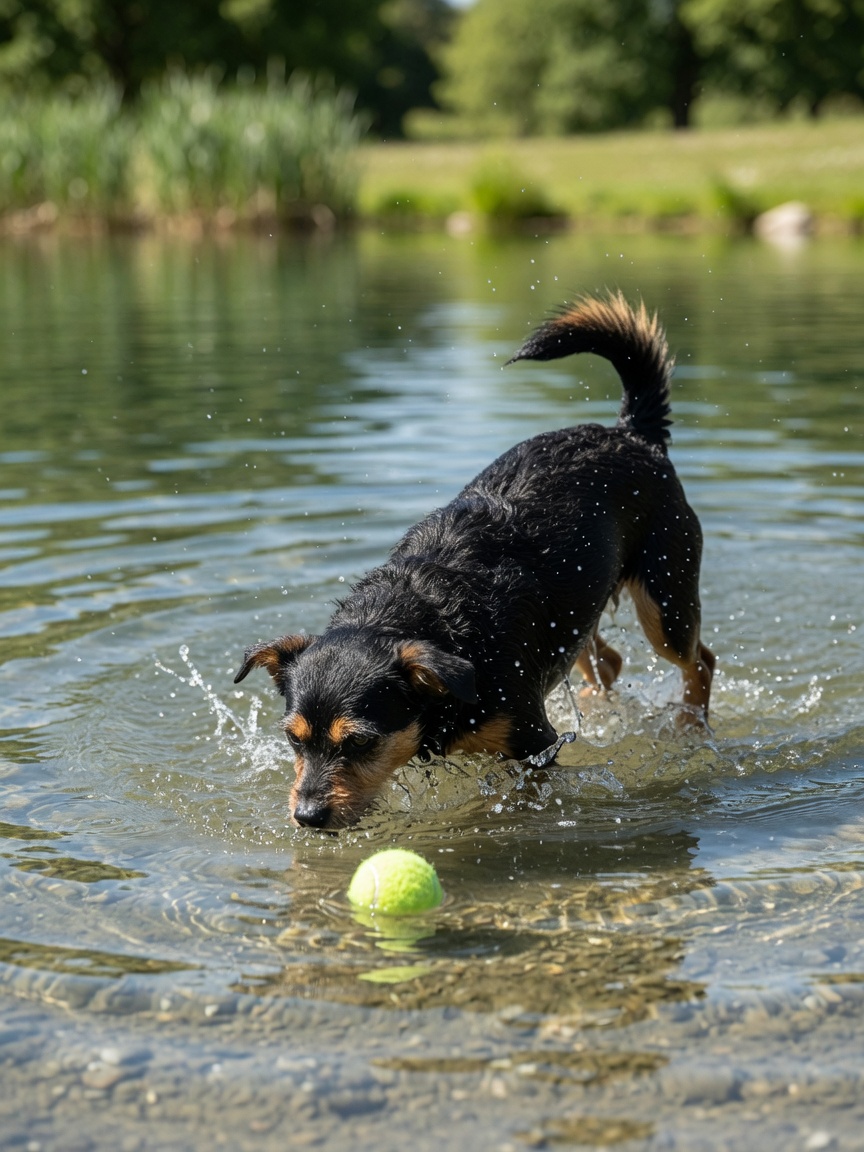 Kleiner Hund, der unter Wasser taucht, um einen Ball in einem flachen Becken während des Wasserspiels zu holen