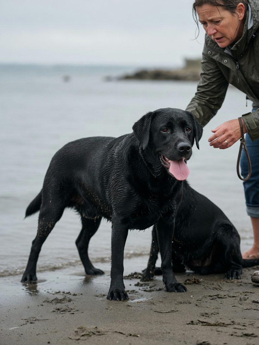 Erschöpfter Labrador, der Zeichen einer Wasservergiftung nach längerem Wasserspiel zeigt und wirkt träge mit aufgetriebenem Bauch