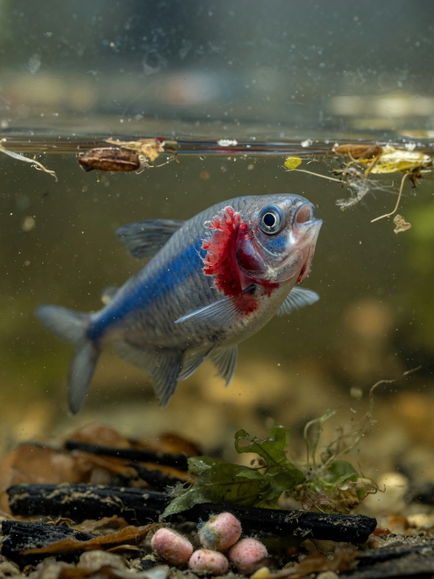 Distressed fish with inflamed red gills gasping at water surface in ammonia-contaminated tank with decaying organic matter