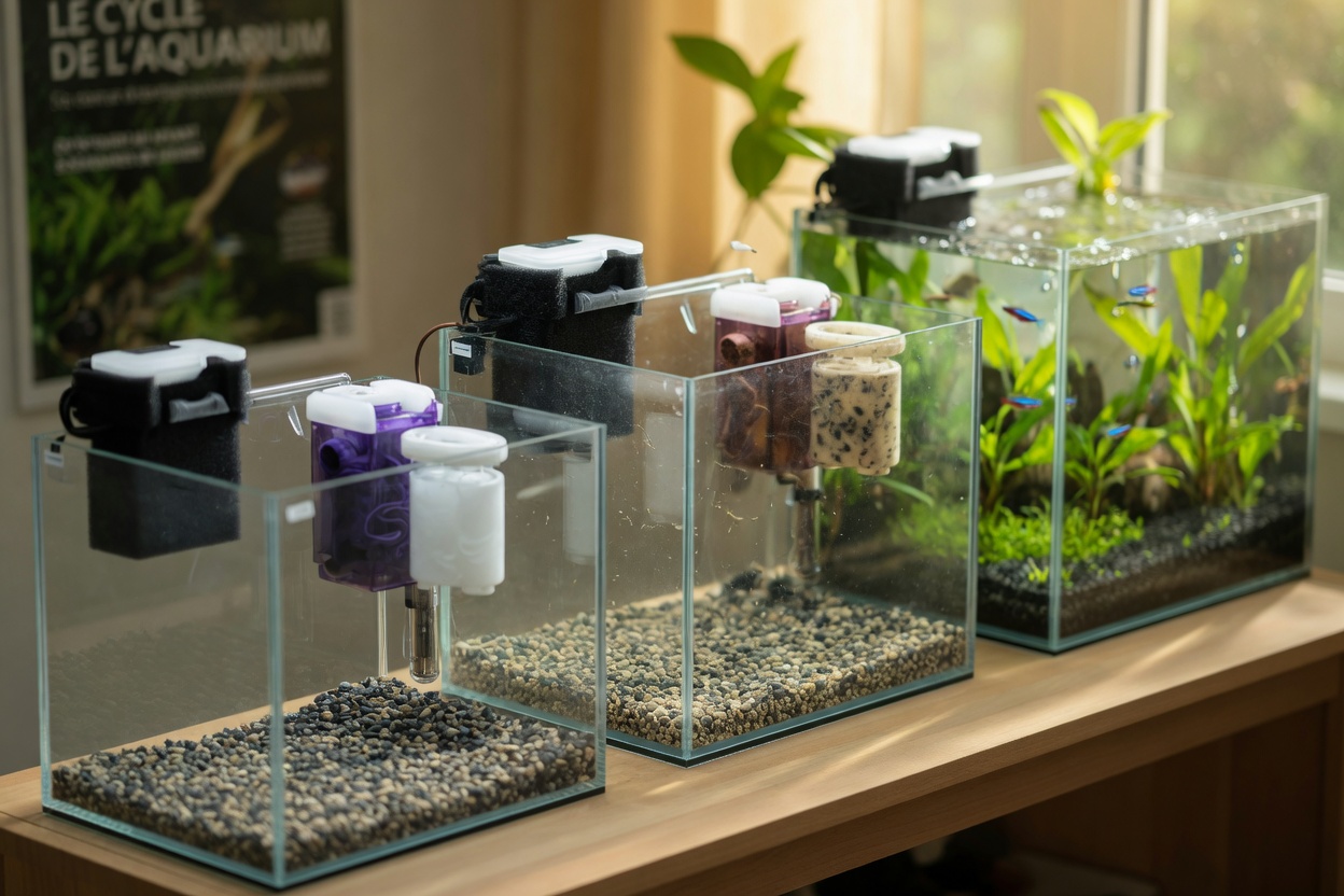 Three stages of aquarium nitrogen cycle: new empty tank, bacteria colonizing filter media, and mature cycled tank with healthy fish and plants