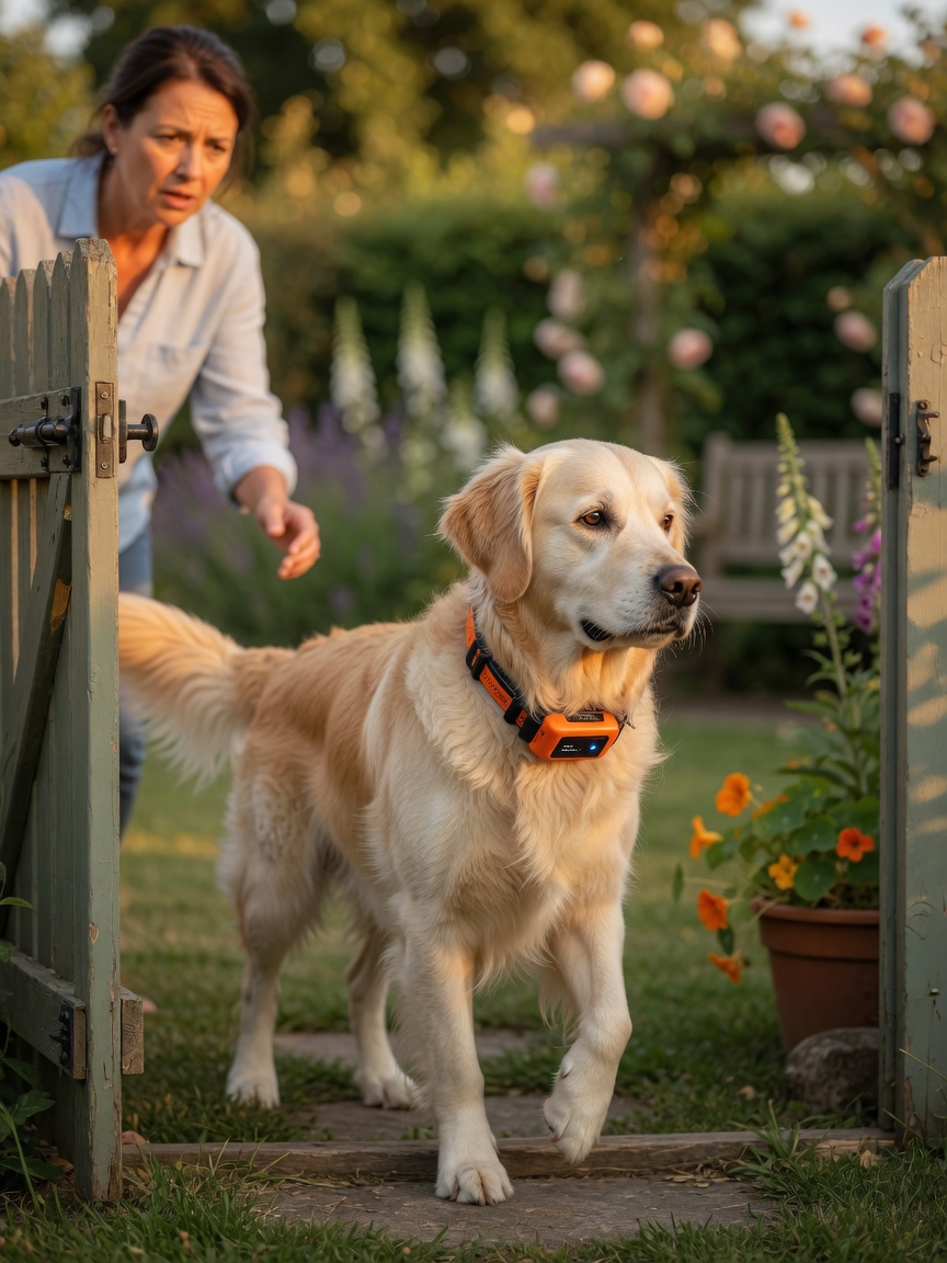 Golden retriever at open garden gate wearing GPS tracker collar with concerned owner approaching