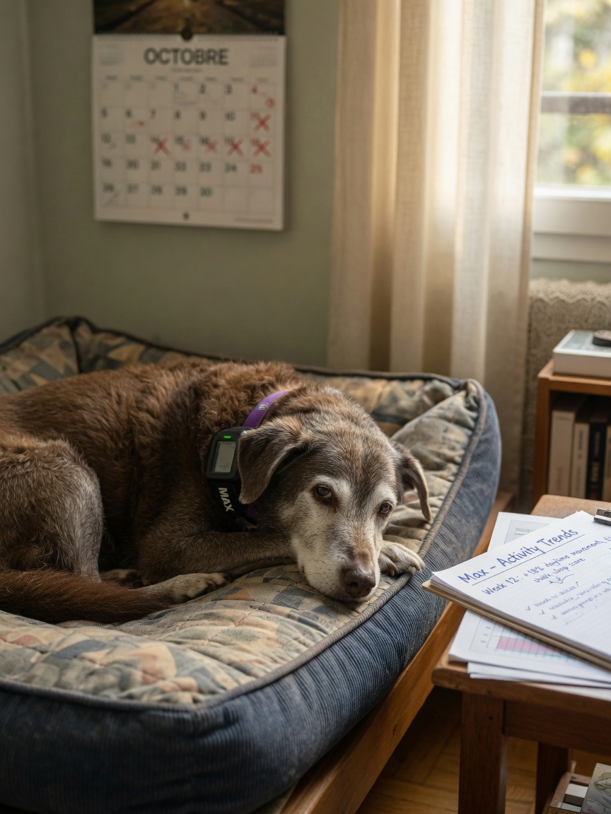 Senior dog with graying muzzle resting on bed wearing activity monitor, veterinary clipboard nearby