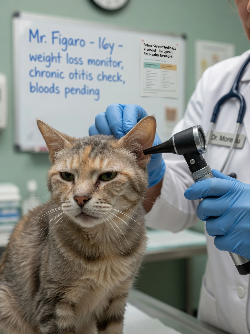 Veterinarian examining a senior cat's ear during a clinical examination
