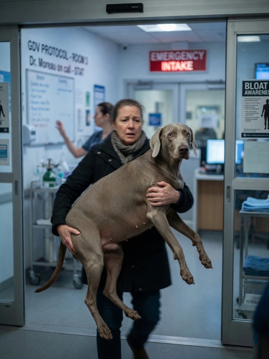 Silver-grey Weimaraner being urgently brought to emergency veterinary clinic with visibly distended abdomen