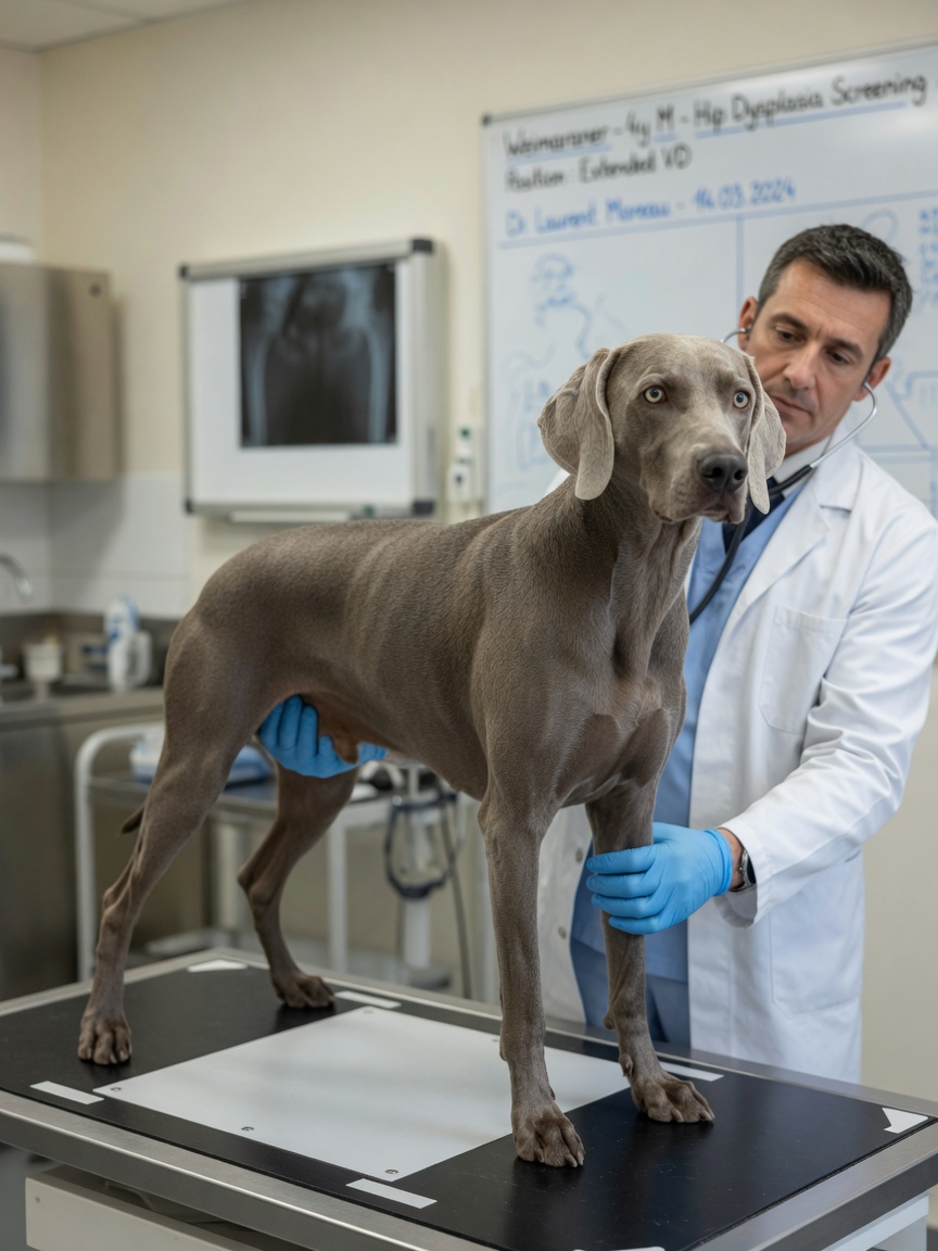 Silver-grey Weimaraner positioned for hip dysplasia X-ray screening by veterinarian at clinic