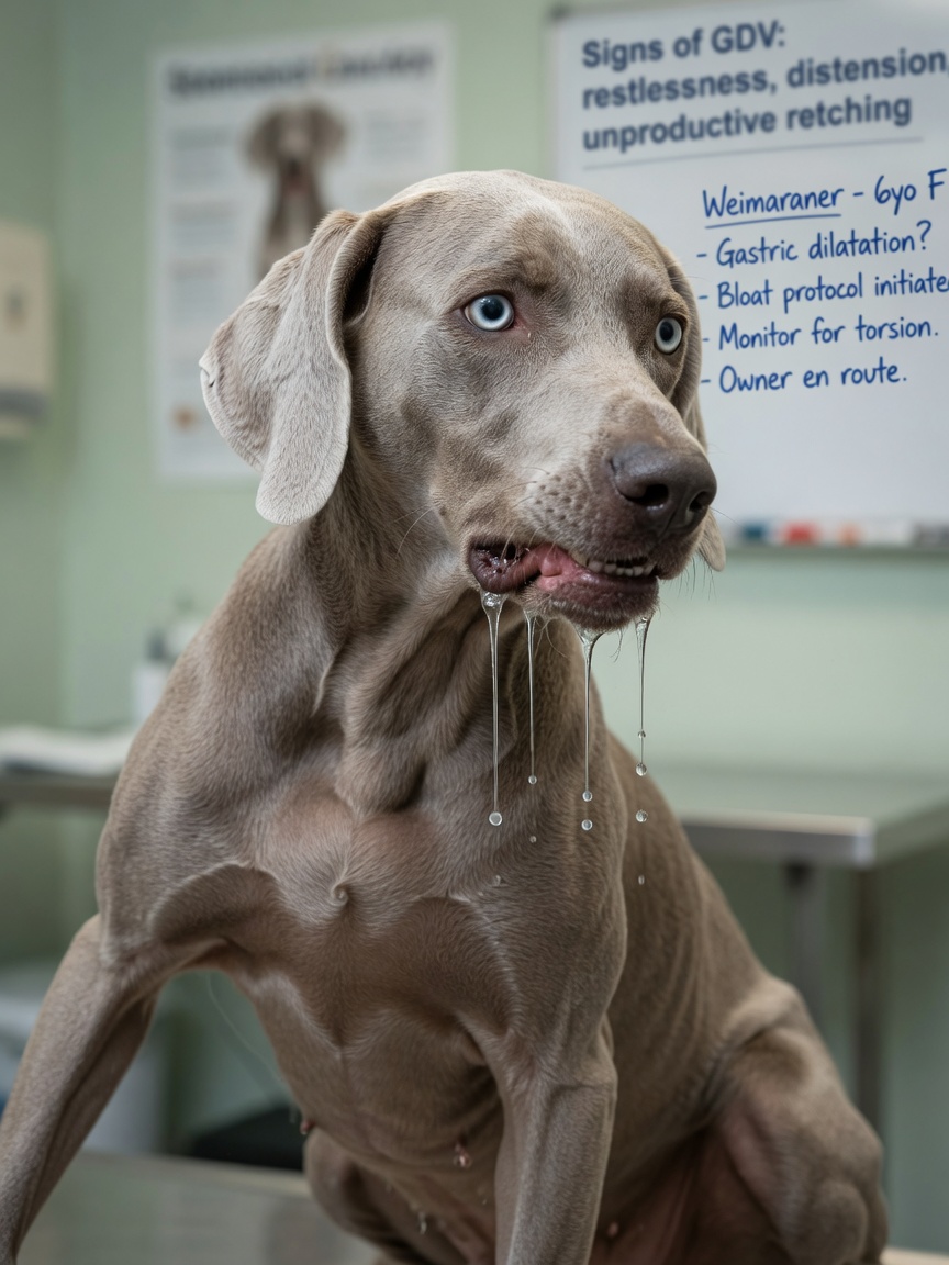 Distressed silver Weimaraner showing signs of bloat with drooling and abdominal distension