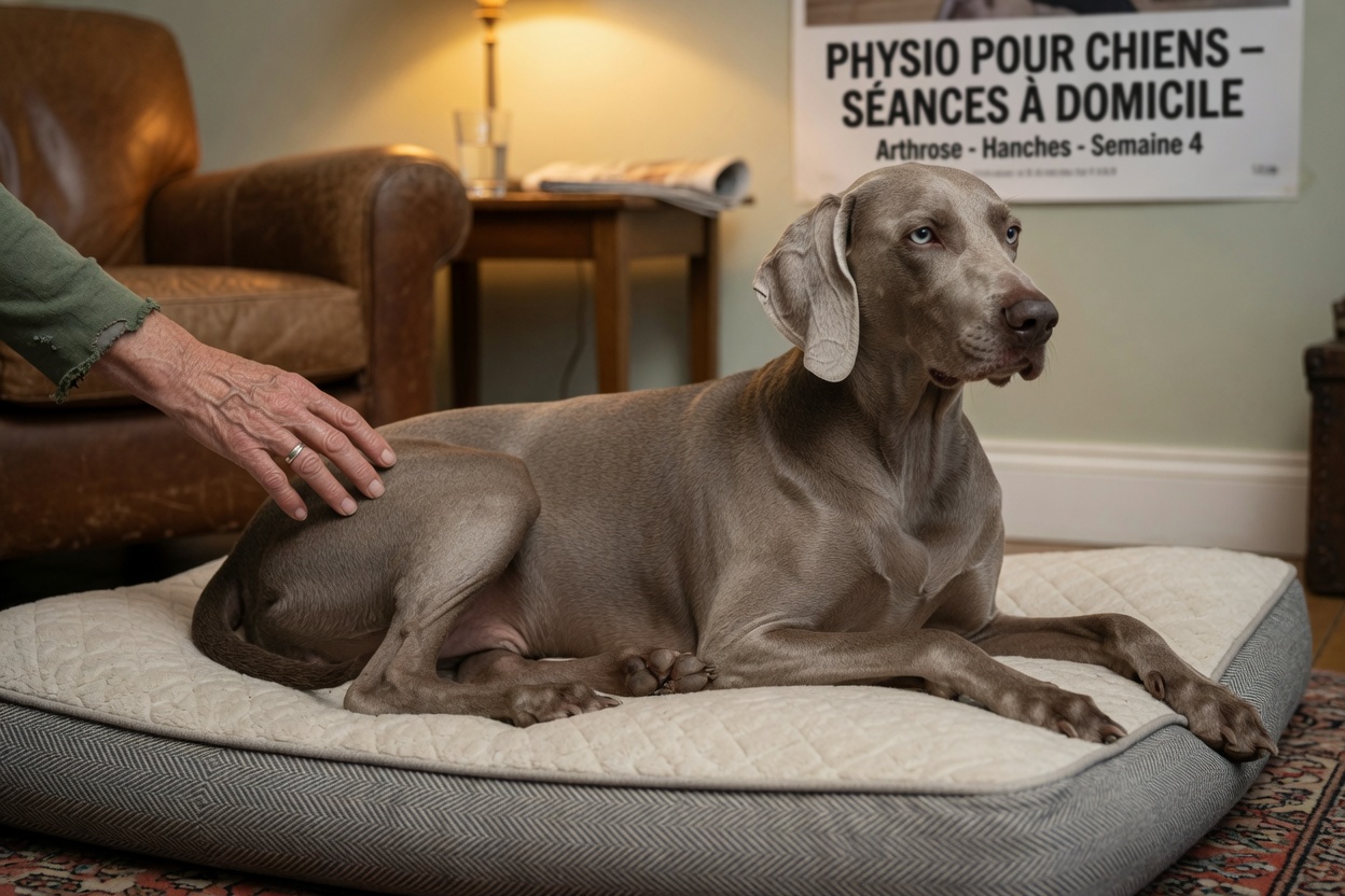 Silver Weimaraner showing stiffness and hip dysplasia difficulty, owner's hand checking affected area