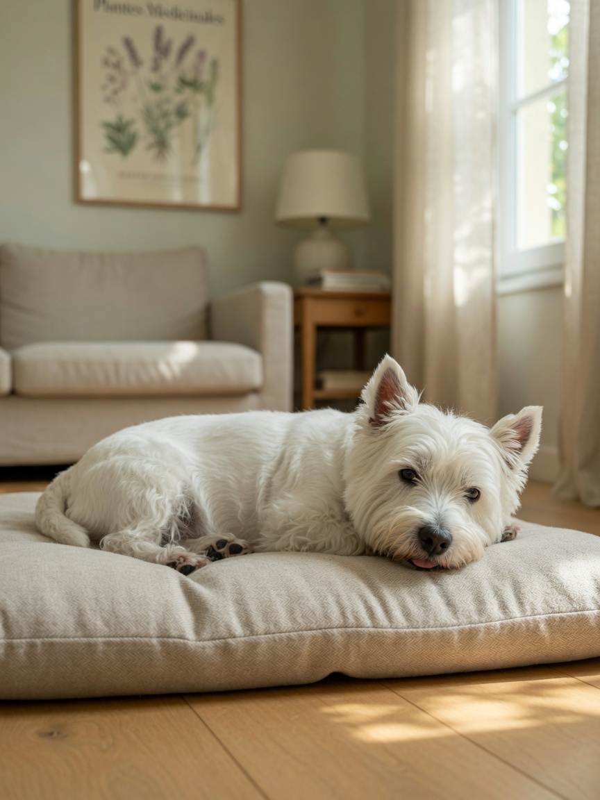 Elderly West Highland White Terrier resting, showing signs of respiratory fatigue