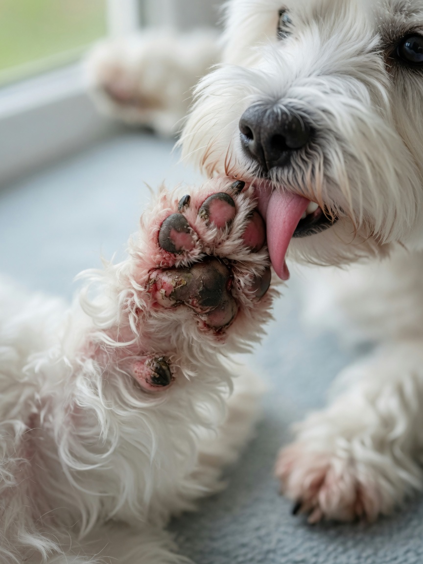 West Highland White Terrier's inflamed paw showing atopic dermatitis symptoms