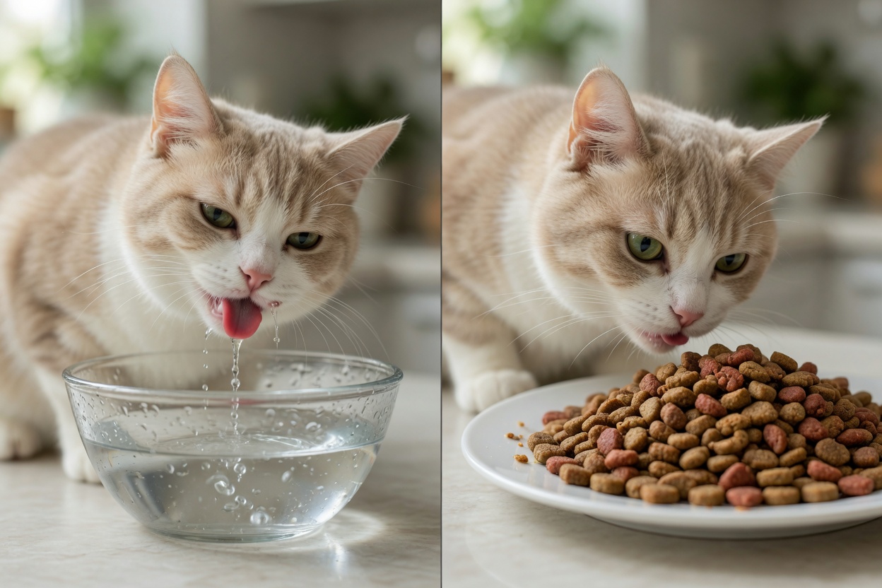 Cat drinking water beside a pile of dry kibble, illustrating hydration differences