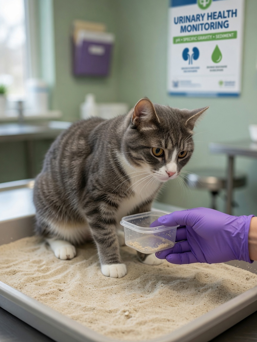 Veterinary urine sample collection from cat for urinary health assessment