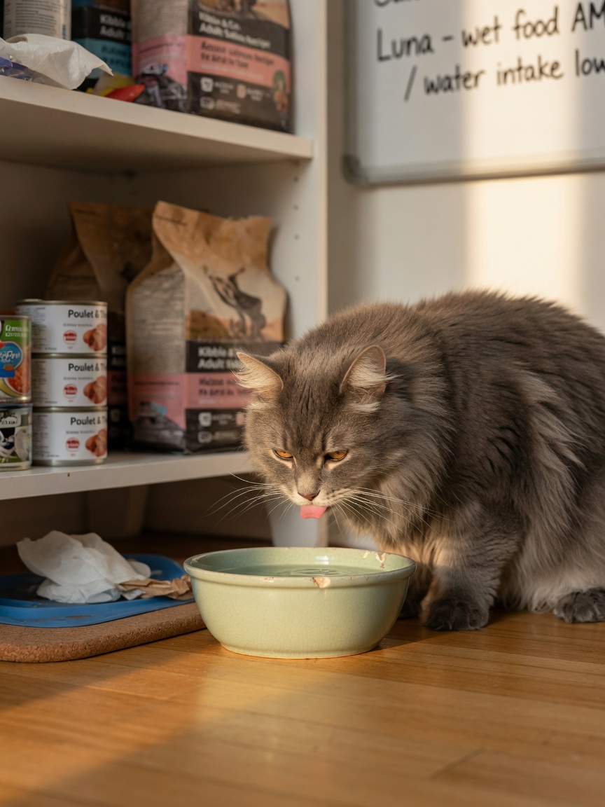 Gray cat reluctantly drinking from a water bowl, demonstrating the low thirst drive in cats.