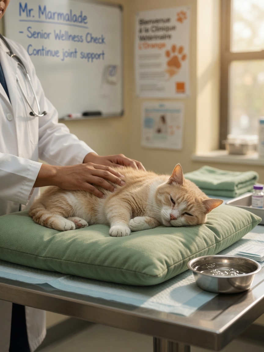 Senior cat receiving veterinary care for kidney health management, emphasizing preventive dietary measures.
