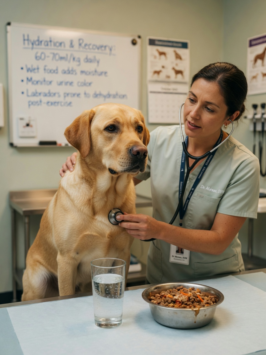 Veterinarian discussing wet food hydration benefits with golden Labrador during examination