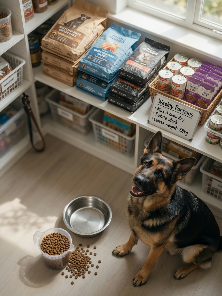 Organized pet pantry with dry kibble storage and German Shepherd waiting for meal