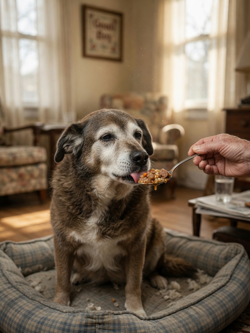 Senior dog being hand-fed wet food by owner, emphasizing ease of eating for older pets