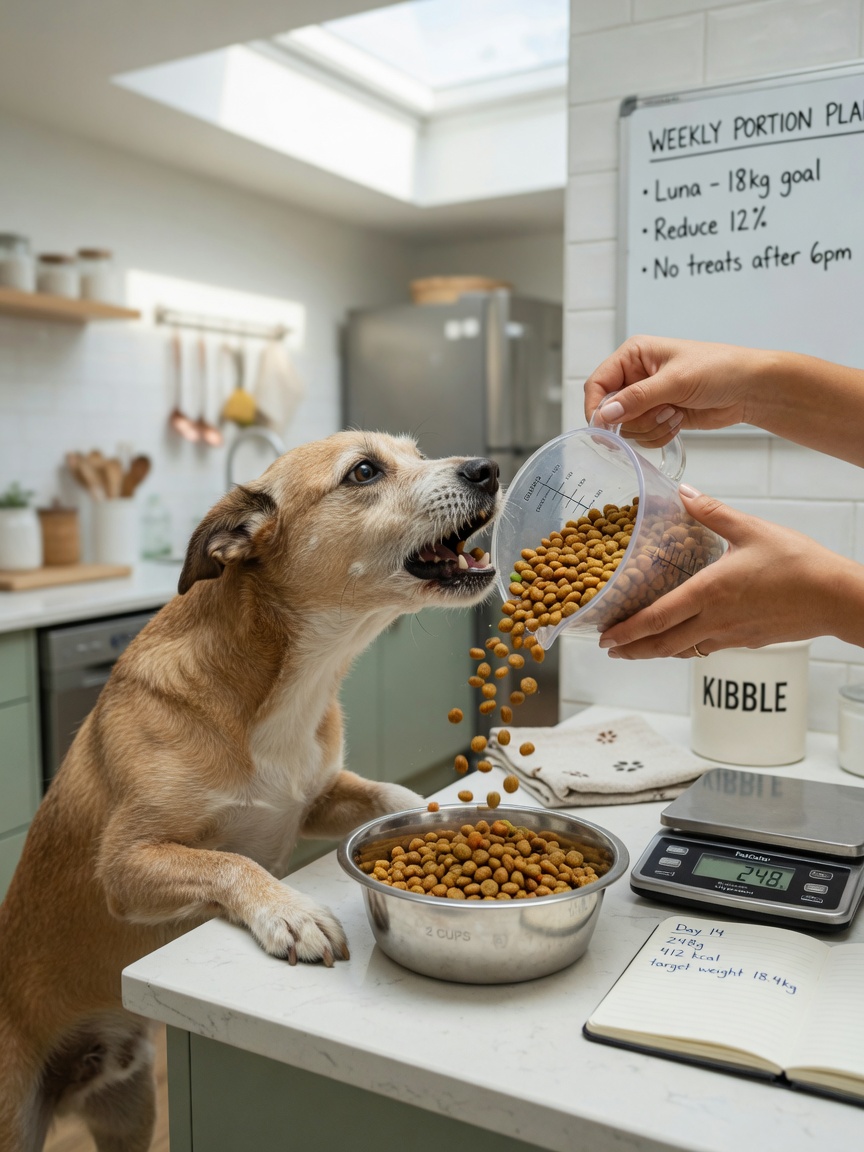 Dog food being precisely measured with a measuring cup and scale, demonstrating portion control for weight management